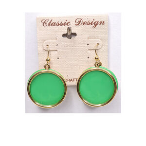 Classic Design Green Gold Tone Circle Disc Two Piece Earrings - New On Card